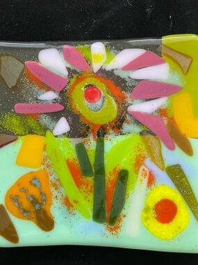 Wild Flower 6”x6.5Handmade Fused Glass Tray On Green Victoria Heisler